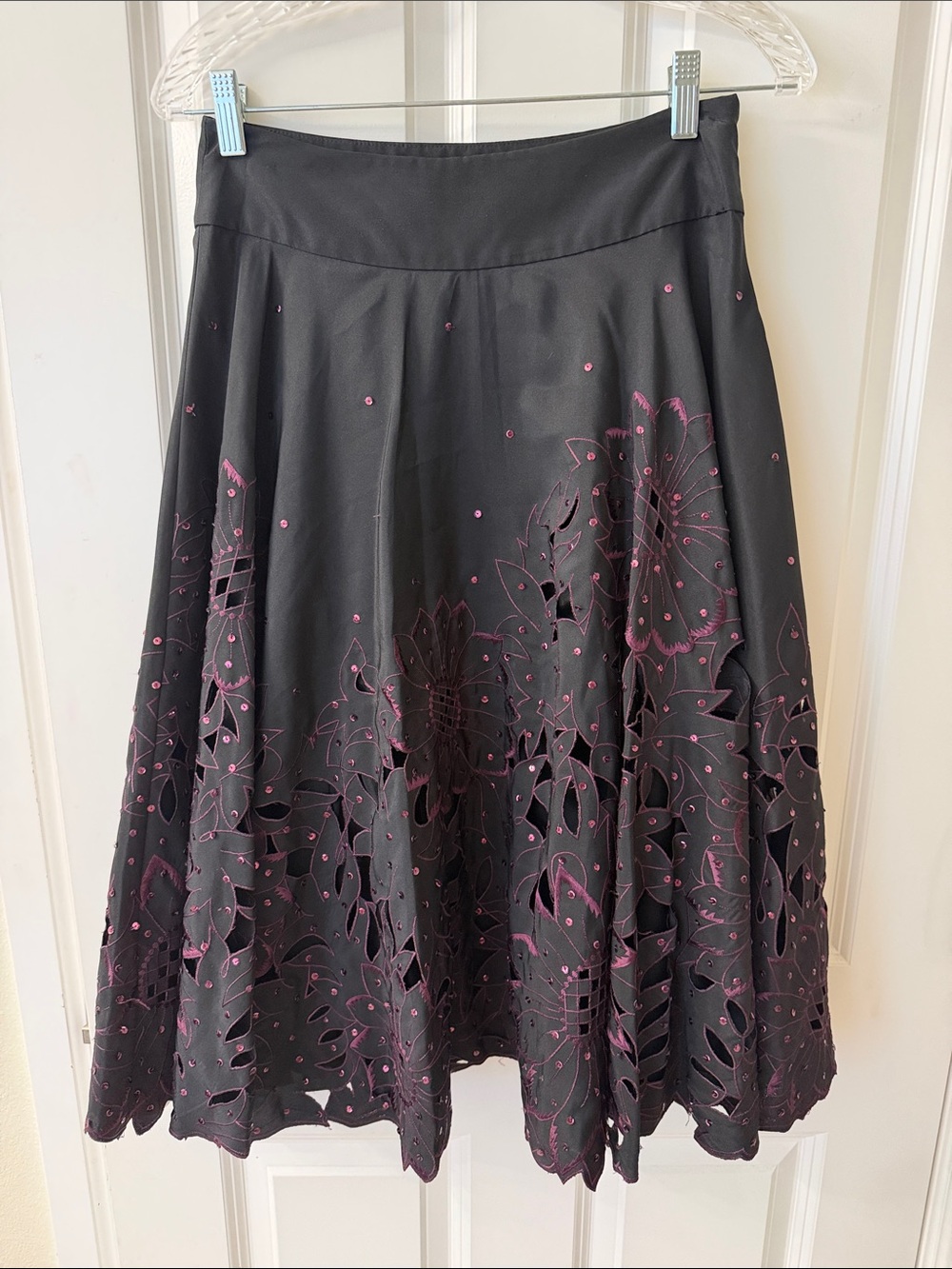 Monsoon Black Midi Skirt with Pink Floral Cutouts